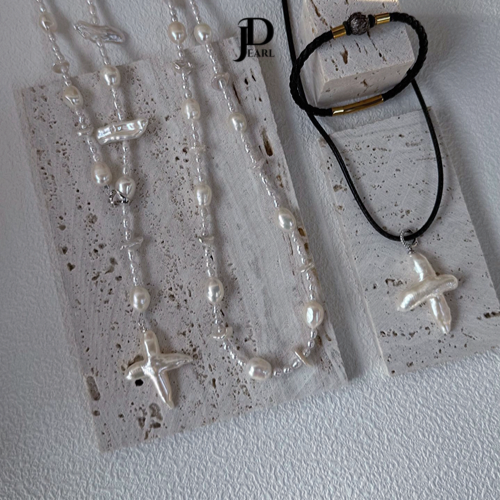 cross baroque pearl necklace & earrings
