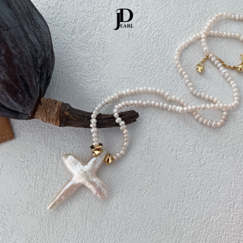 cross baroque pearl necklace & earrings