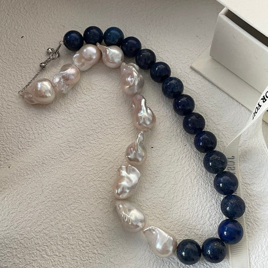 Half Lapis Lazuli & Half Baroque Pearl Necklace