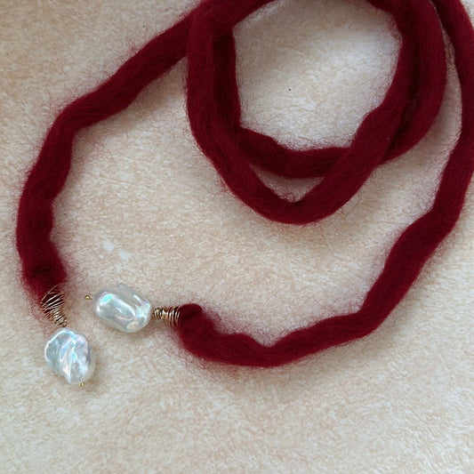 Ancora Red Wool Lariat with Baroque Pearls